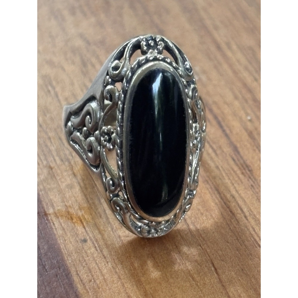 FAS Sterling & Onyx Ornate Ring- Vintage, Estate-Size 7.75